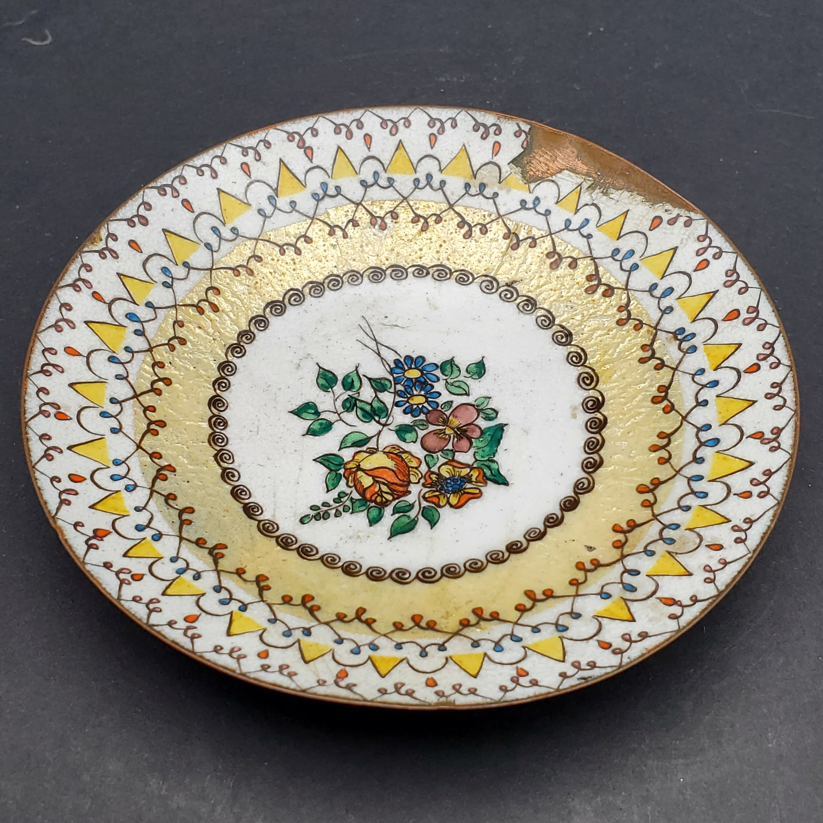Elfi Muller - Vintage Hand Painted Enameled Copper Dish - DAMAGED