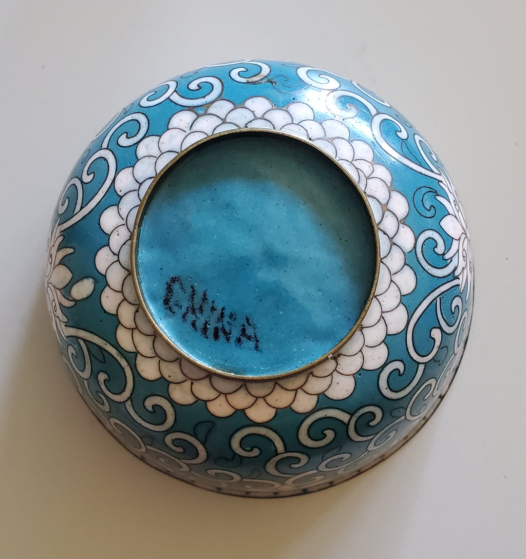 Lovely Vintage Metal Teal Cloisonne Enamel Decorated Bowl