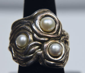Three Pearl Sterling Silver Abstract Ring - Sie 7.5