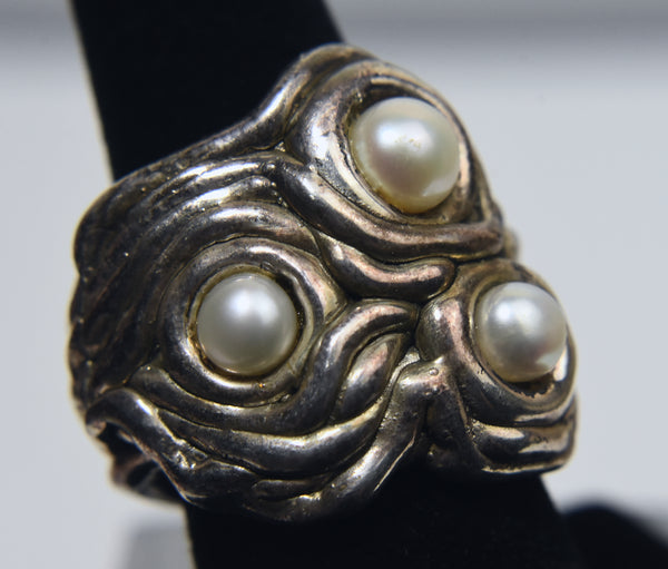 Three Pearl Sterling Silver Abstract Ring - Sie 7.5