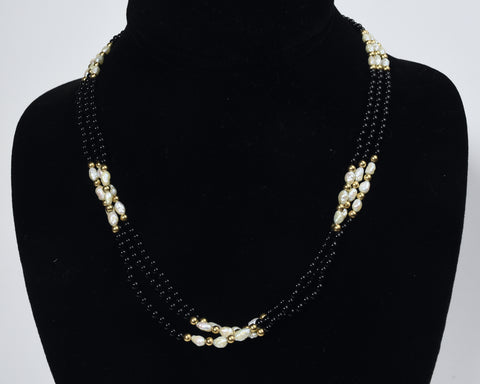 14k Gold, Black Onyx and Freshwater Pearl Triple Strand Necklace