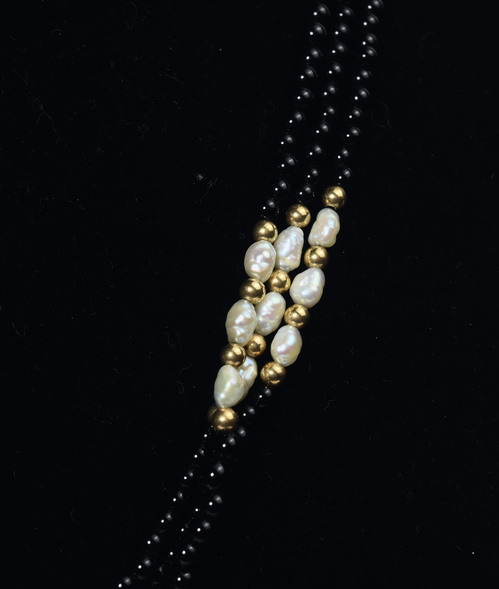 14k Gold, Black Onyx and Freshwater Pearl Triple Strand Necklace