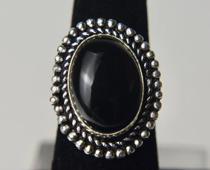 Black Onyx Cabochon 800 Silver Ring - Size 6.5