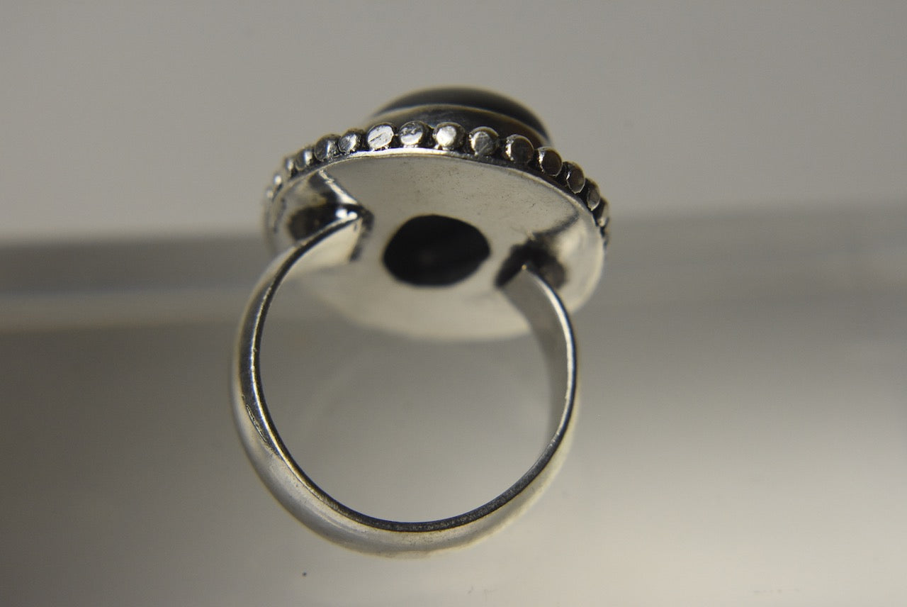 Black Onyx Cabochon Silver Tone Metal Ring - Size 6.5