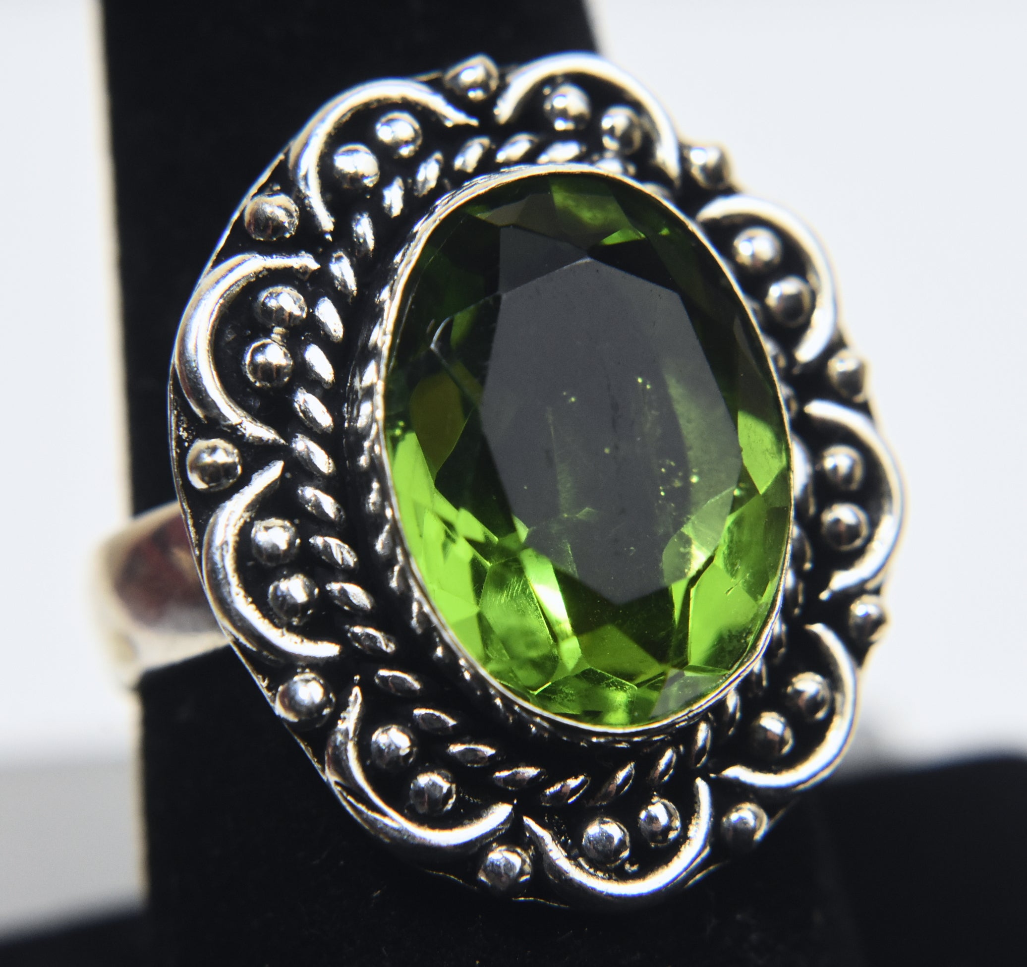 Silver Tone Metal Peridot Ring - Size 9