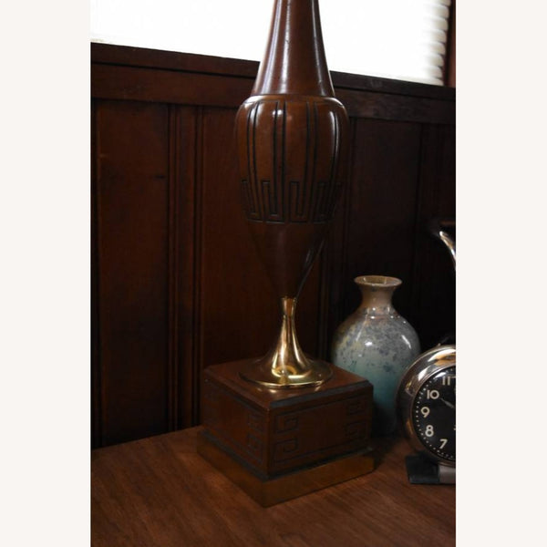 Vintage Mid Century Modern Wood and Brass Grecian Urn Table Lamp