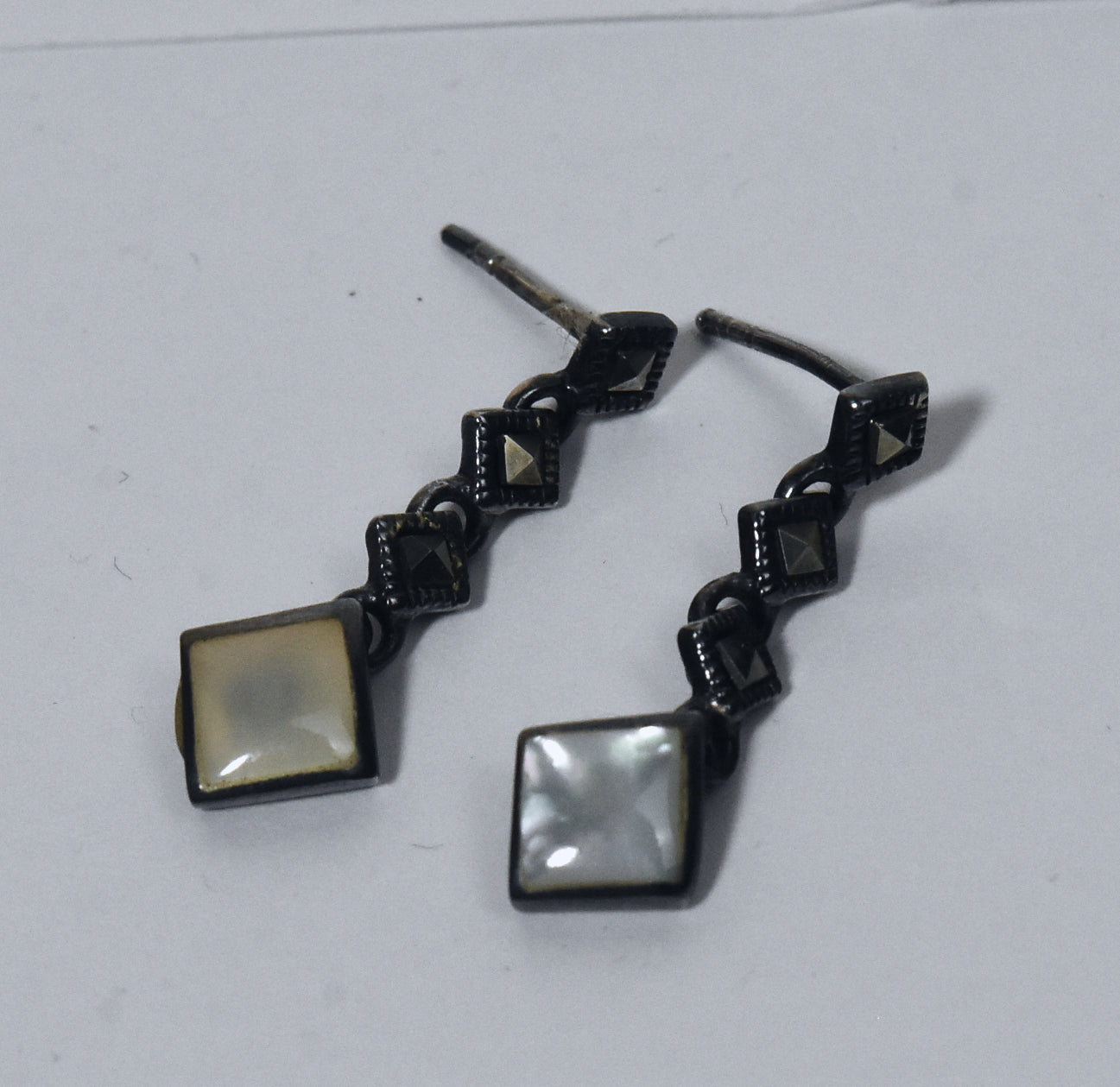 Vintage Sterling Silver Mother of Pearl and Marcasite Dangle Earrings