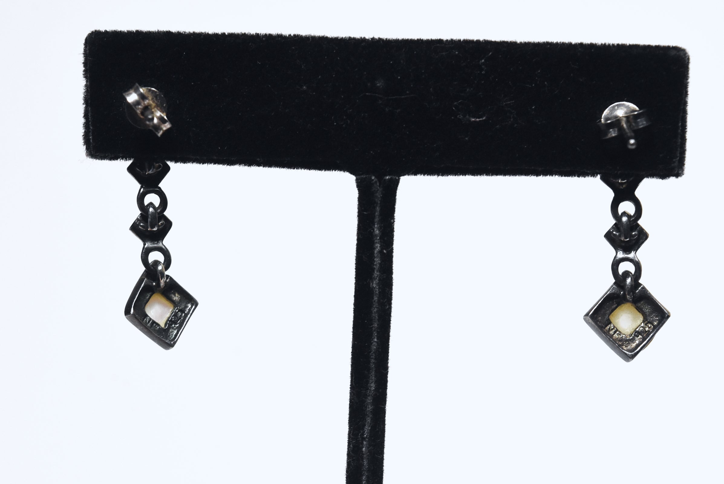 Vintage Sterling Silver Mother of Pearl and Marcasite Dangle Earrings