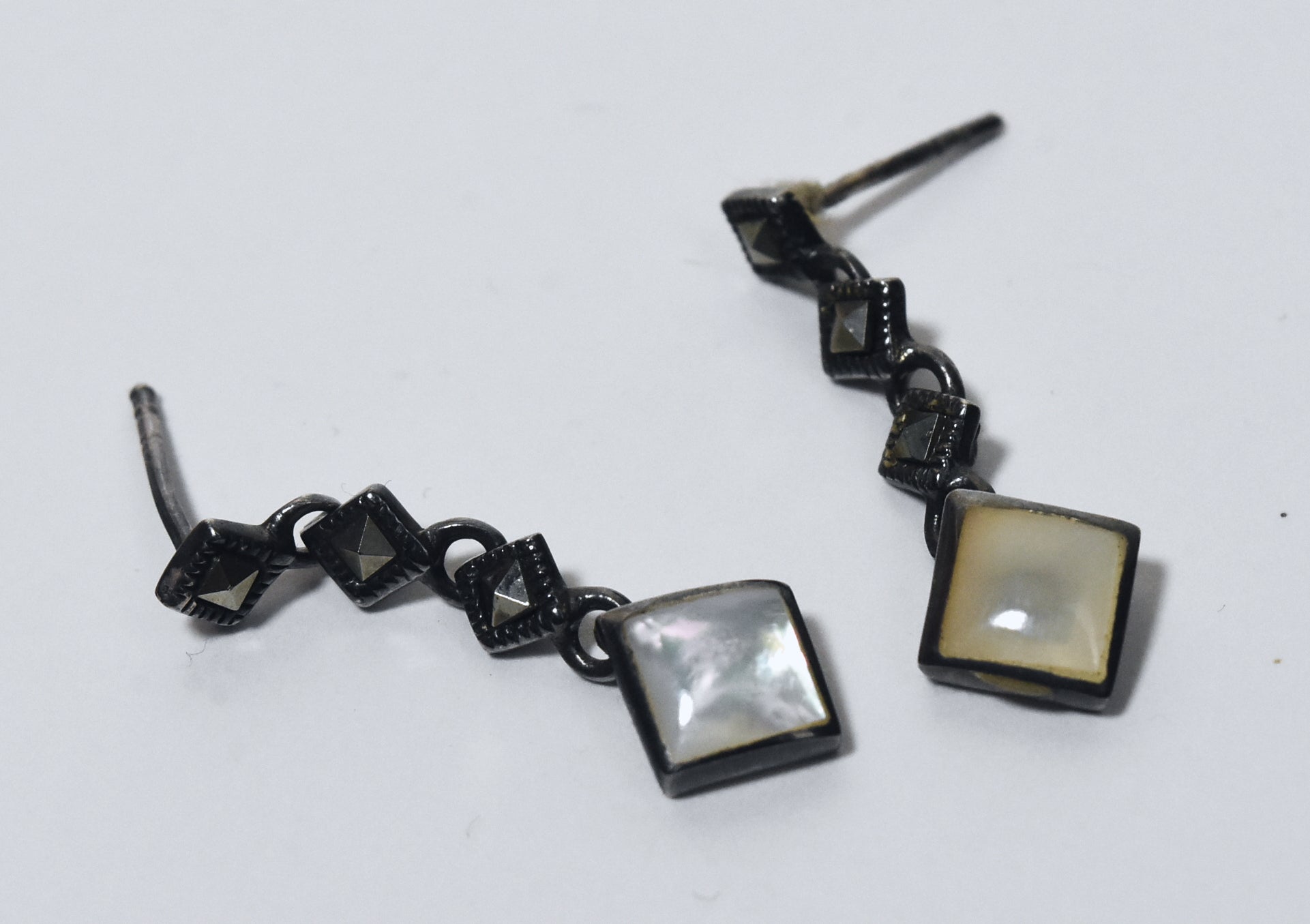 Vintage Sterling Silver Mother of Pearl and Marcasite Dangle Earrings