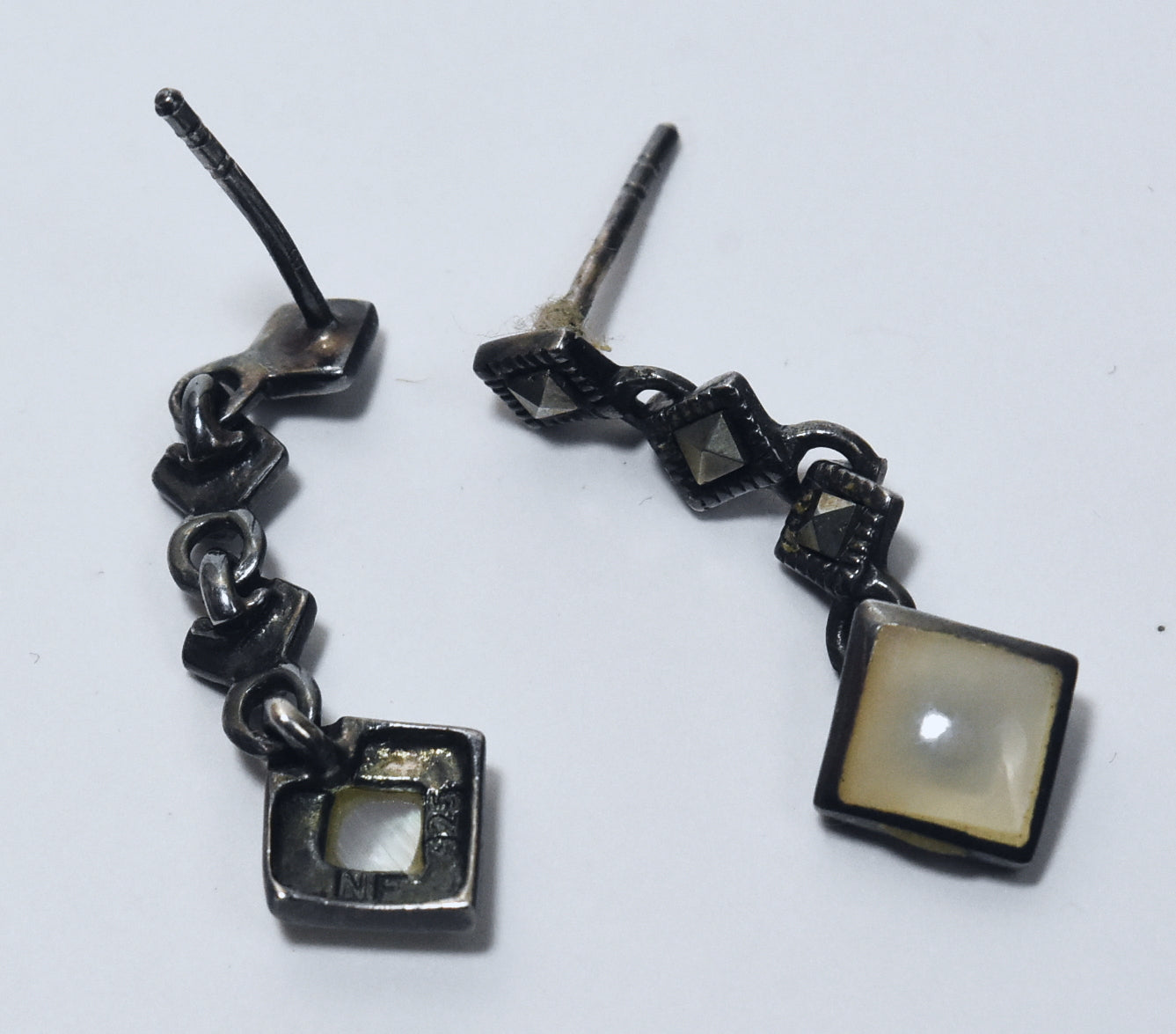 Vintage Sterling Silver Mother of Pearl and Marcasite Dangle Earrings