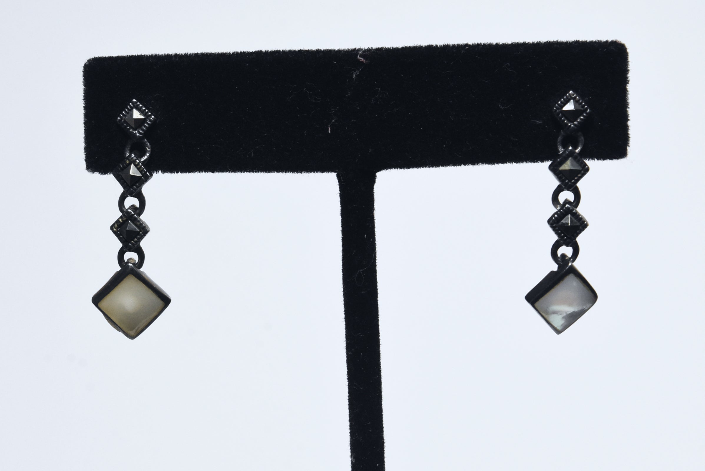 Vintage Sterling Silver Mother of Pearl and Marcasite Dangle Earrings