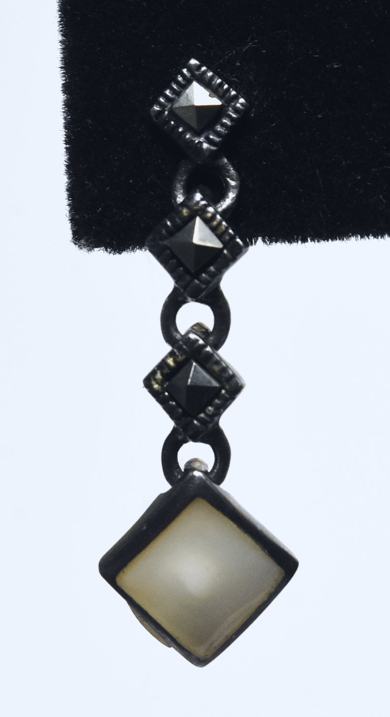 Vintage Sterling Silver Mother of Pearl and Marcasite Dangle Earrings