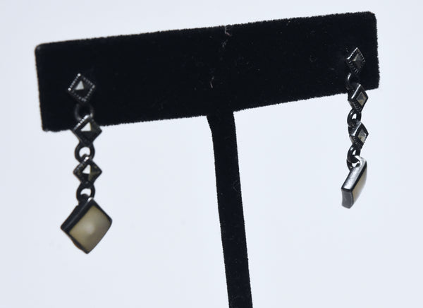 Vintage Sterling Silver Mother of Pearl and Marcasite Dangle Earrings