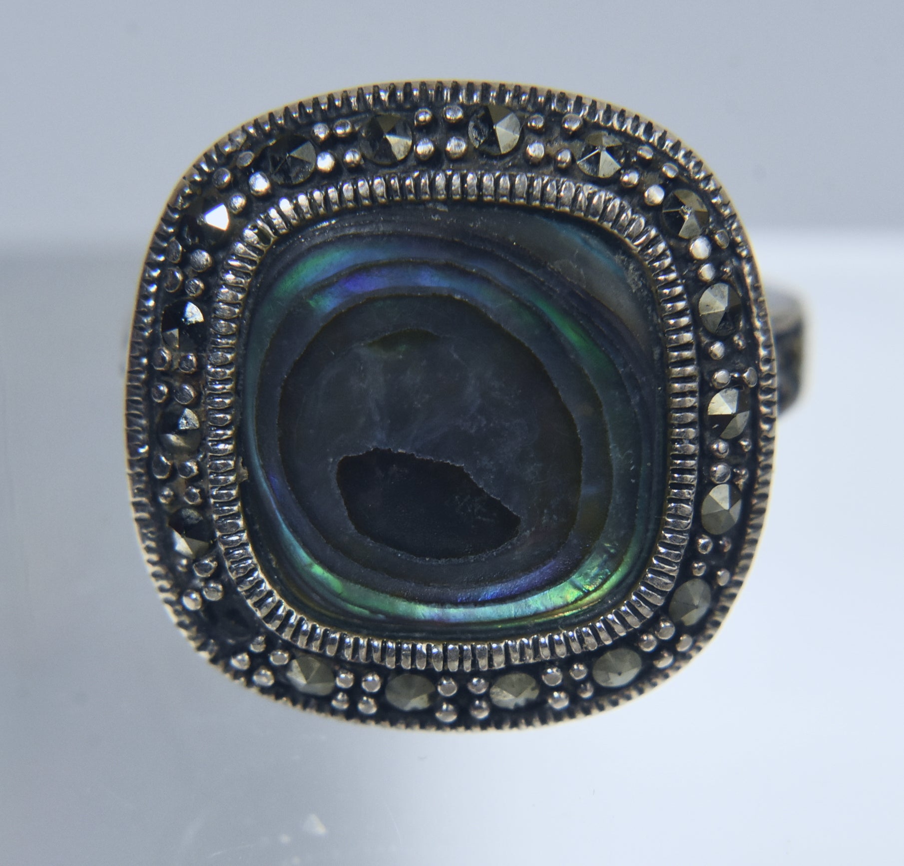 Abalone and Marcasite Sterling Silver Ring - Size 7.5