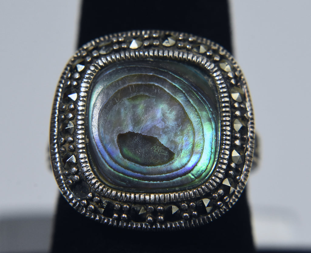 Abalone and Marcasite Sterling Silver Ring - Size 7.5