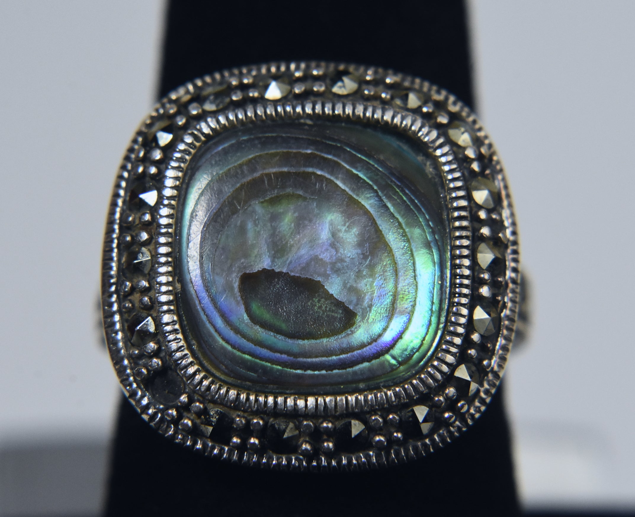 Abalone and Marcasite Sterling Silver Ring - Size 7.5