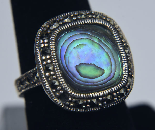 Abalone and Marcasite Sterling Silver Ring - Size 7.5
