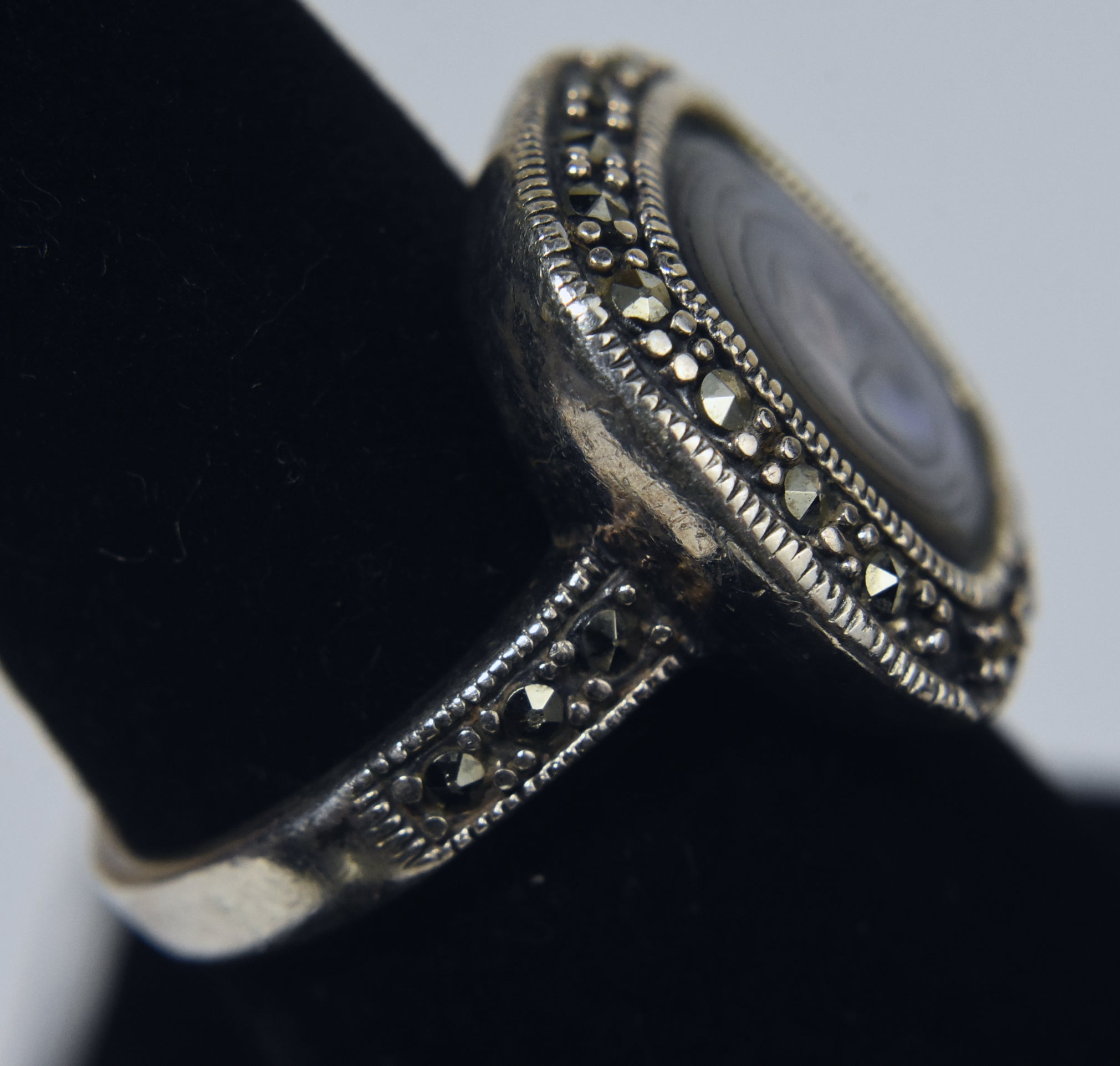 Abalone and Marcasite Sterling Silver Ring - Size 7.5