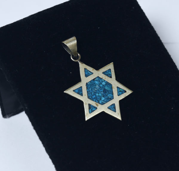 Vintage Alpaca Star of David Pendant with Crushed Blue Inlaid Stones