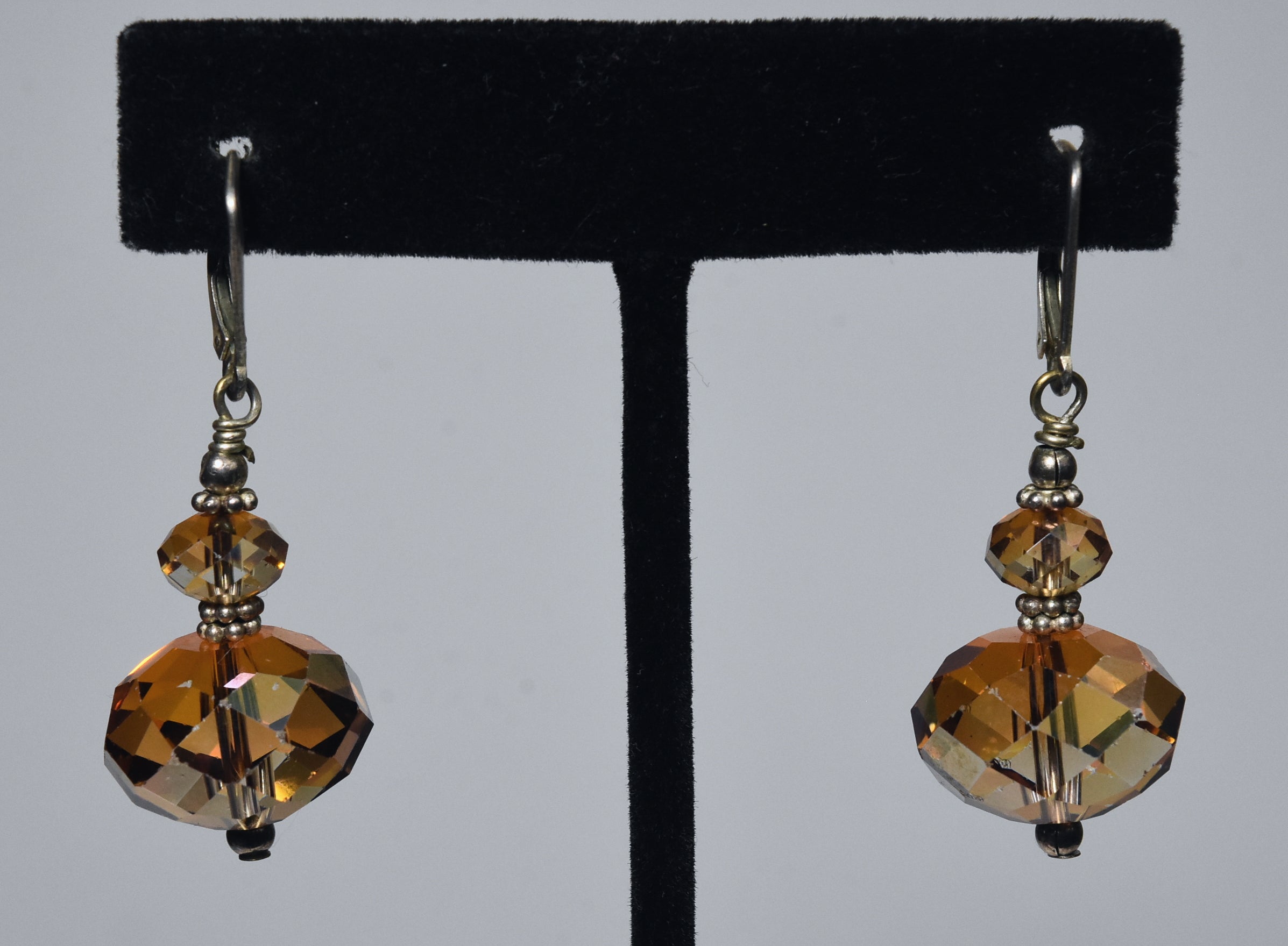 Faceted Iridescent Amber Glass Bead Sterling Silver Earrings