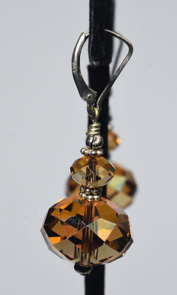 Faceted Iridescent Amber Glass Bead Sterling Silver Earrings