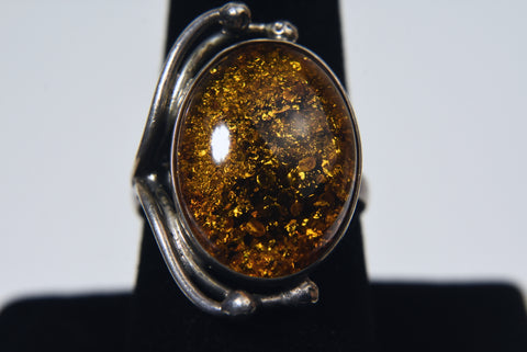 Sterling Silver Amber Art Nouveau Ring - Size 8.5