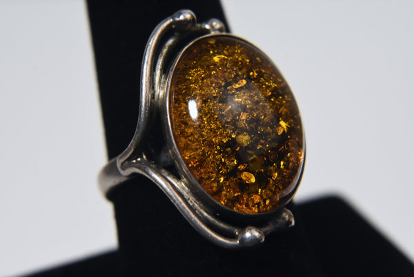 Sterling Silver Amber Art Nouveau Ring - Size 8.5