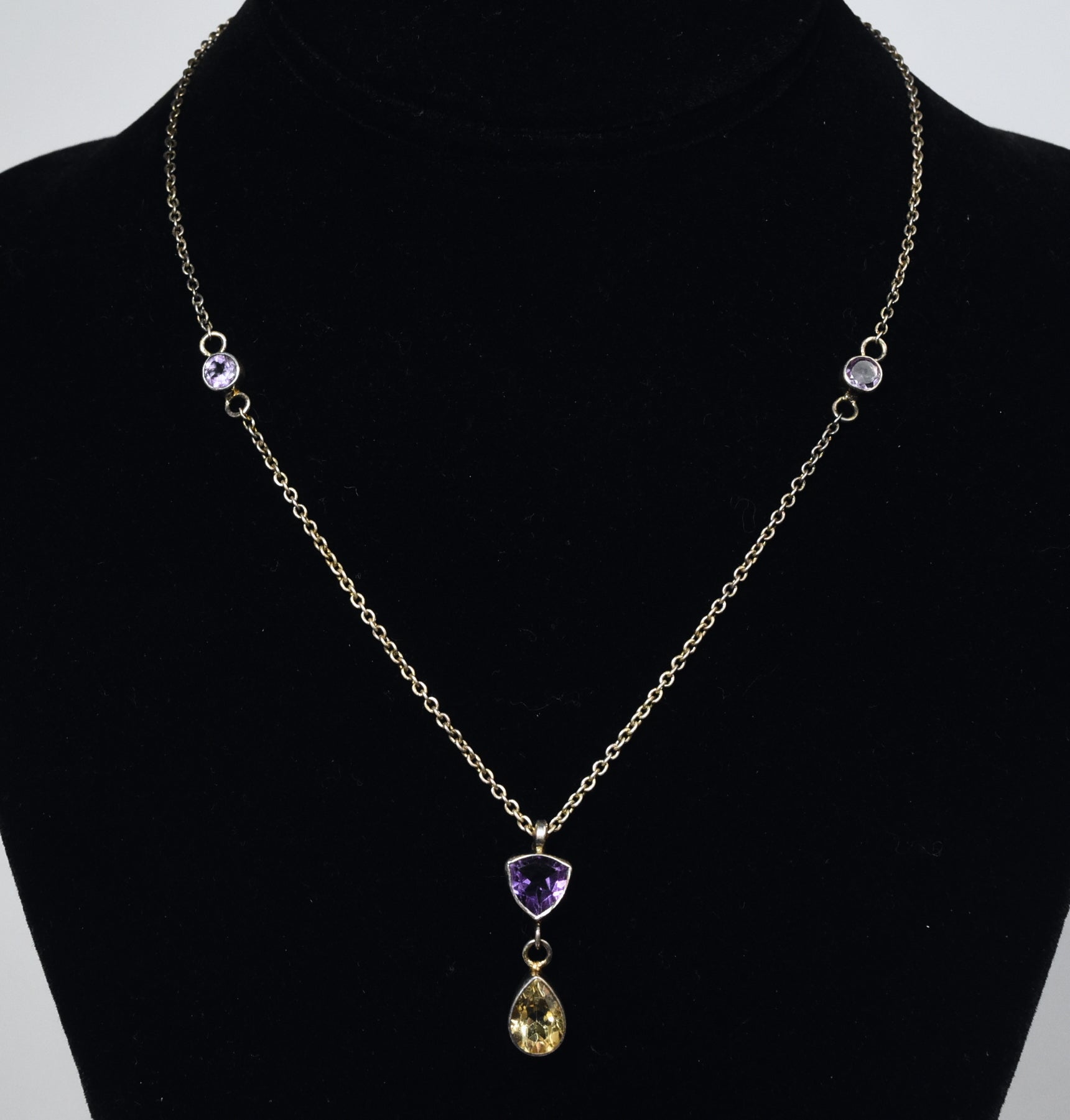 Vintage Sterling Silver Amethyst and Citrine Chain Necklace