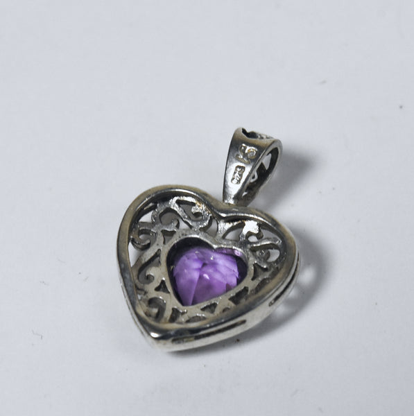 Amethyst Heart Sterling Silver Pierced Design Pendant