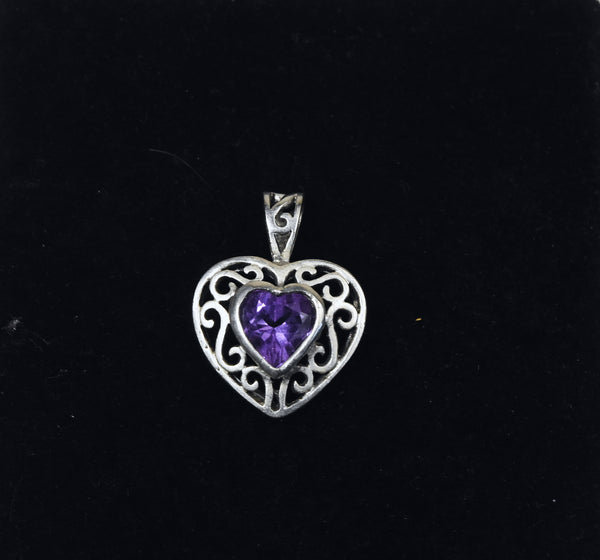 Amethyst Heart Sterling Silver Pierced Design Pendant