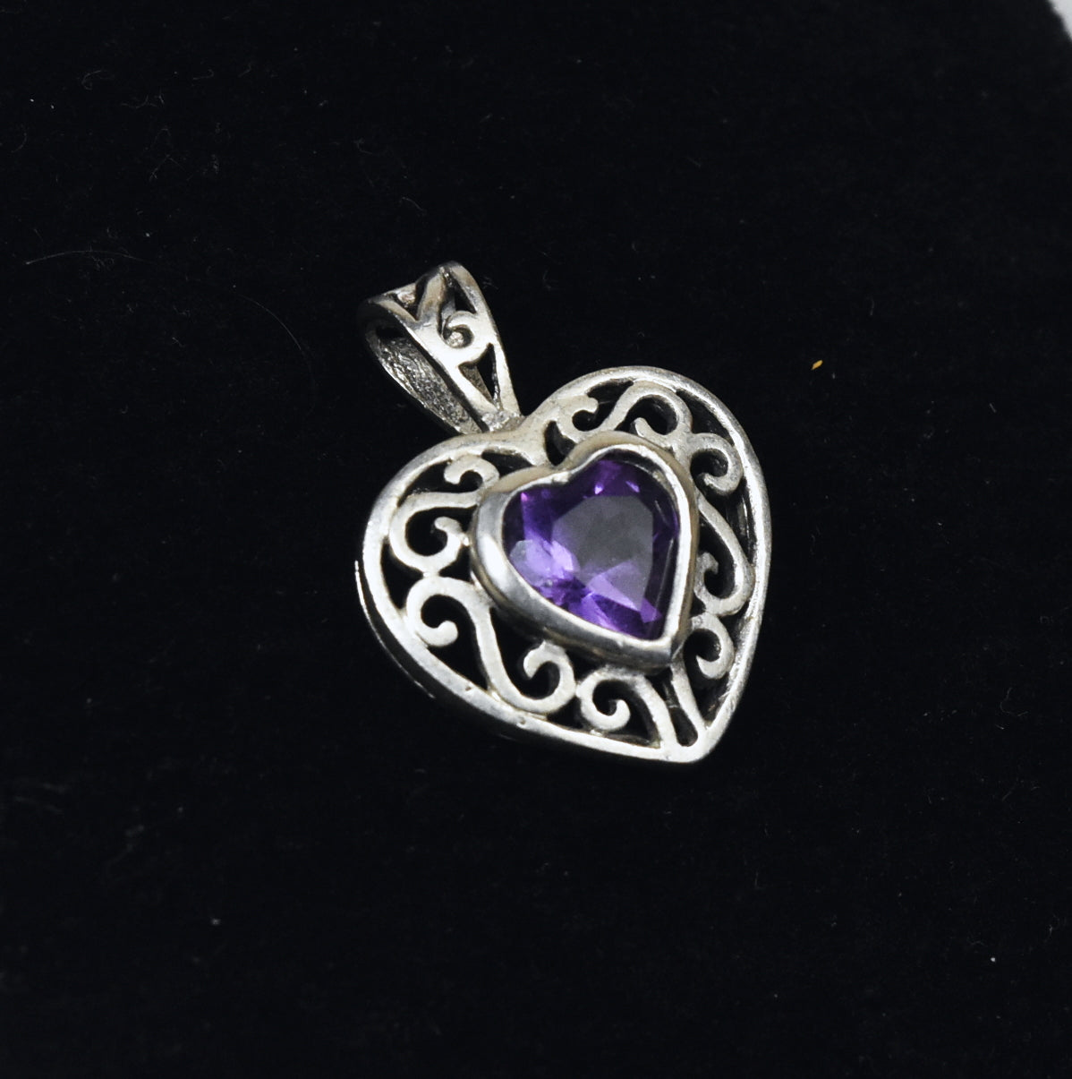 Amethyst Heart Sterling Silver Pierced Design Pendant