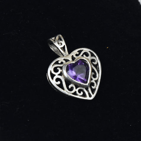 Amethyst Heart Sterling Silver Pierced Design Pendant