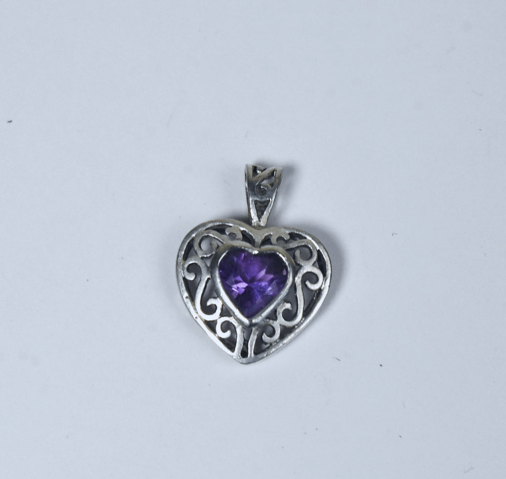 Amethyst Heart Sterling Silver Pierced Design Pendant
