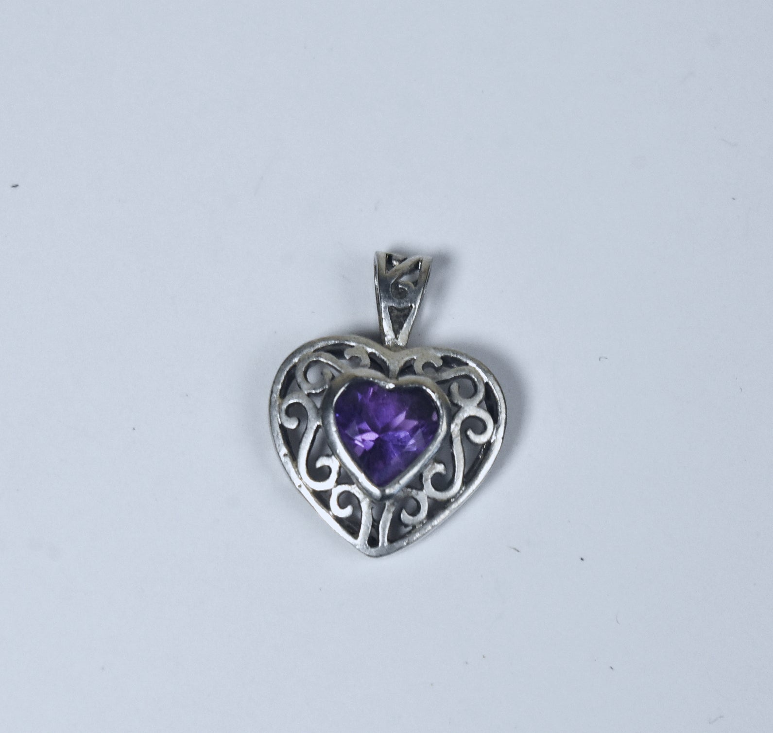 Amethyst Heart Sterling Silver Pierced Design Pendant