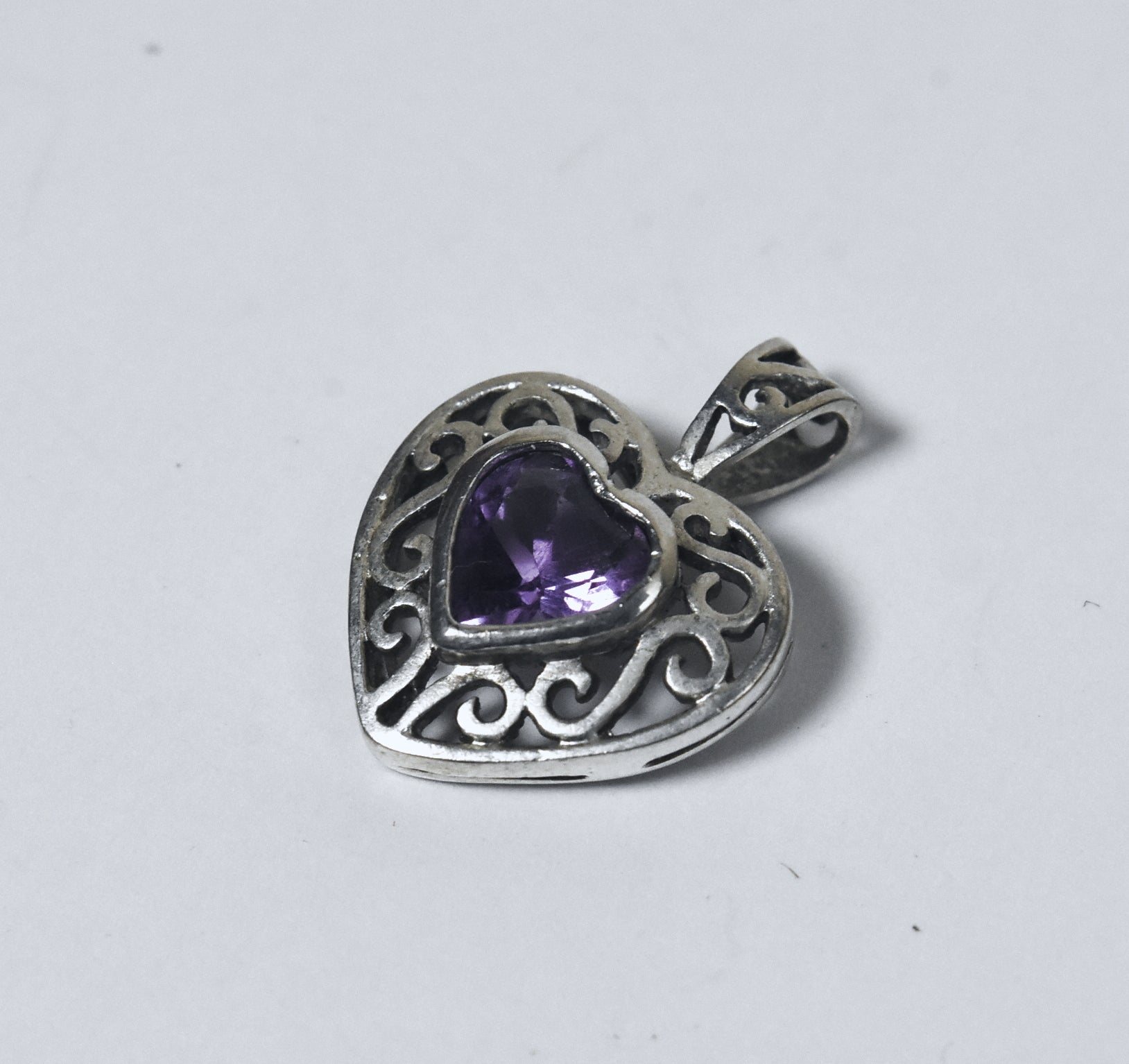 Amethyst Heart Sterling Silver Pierced Design Pendant