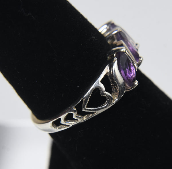 Sterling Silver Amethyst Ring with Heart Motif - Size 5.75
