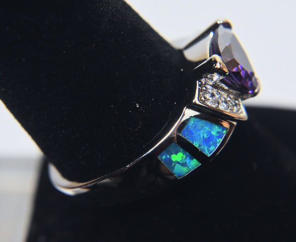 Stunning Amethyst and Blue Opal Sterling Silver Ring - Size 9