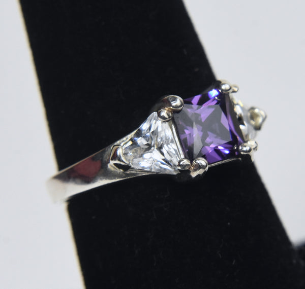 Sterling Silver Amethyst and Cubic Zirconia Ring - Size 6