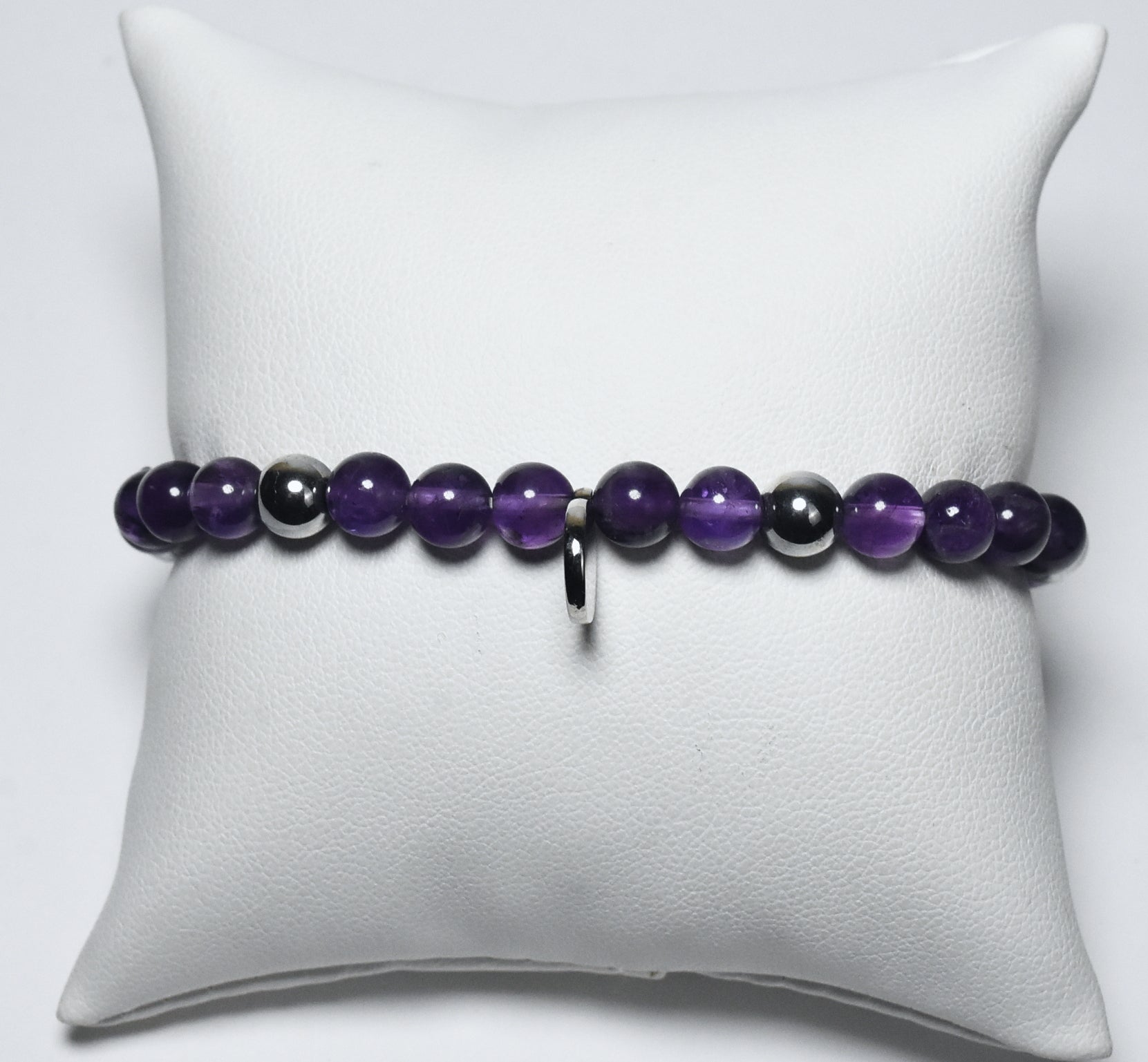 Amethyst and Silver Tone Bead Stretch Bracelet