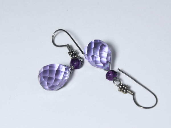 Purple Glass and Amethyst Bead Dangle Earrings