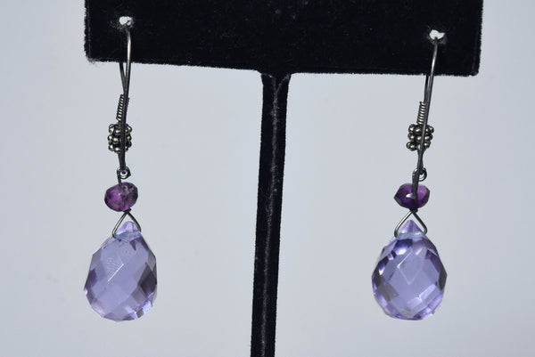 Purple Glass and Amethyst Bead Dangle Earrings