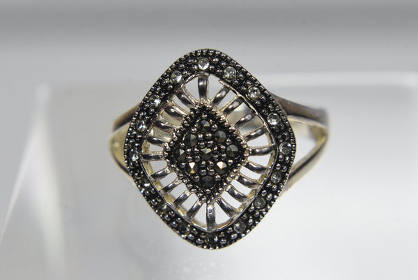 Sterling Silver Art Deco Pierced Design Marcasite and Clear Stone Ring - Size 6