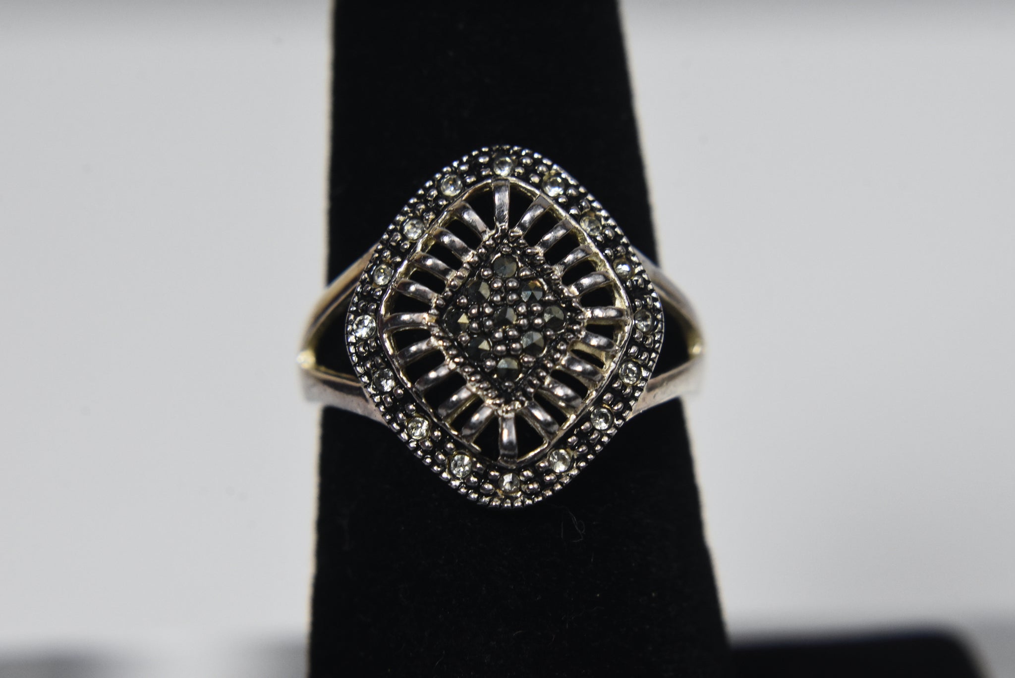 Sterling Silver Art Deco Pierced Design Marcasite and Clear Stone Ring - Size 6