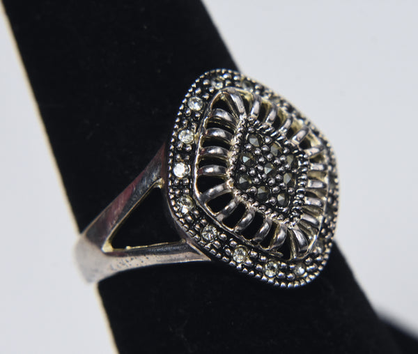 Sterling Silver Art Deco Pierced Design Marcasite and Clear Stone Ring - Size 6