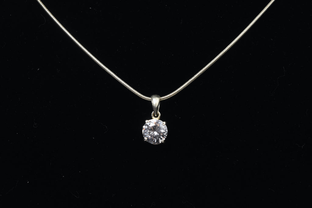 Round Cut Clear Stone in Silver Pendant on Silver Chain Necklace - 16"+