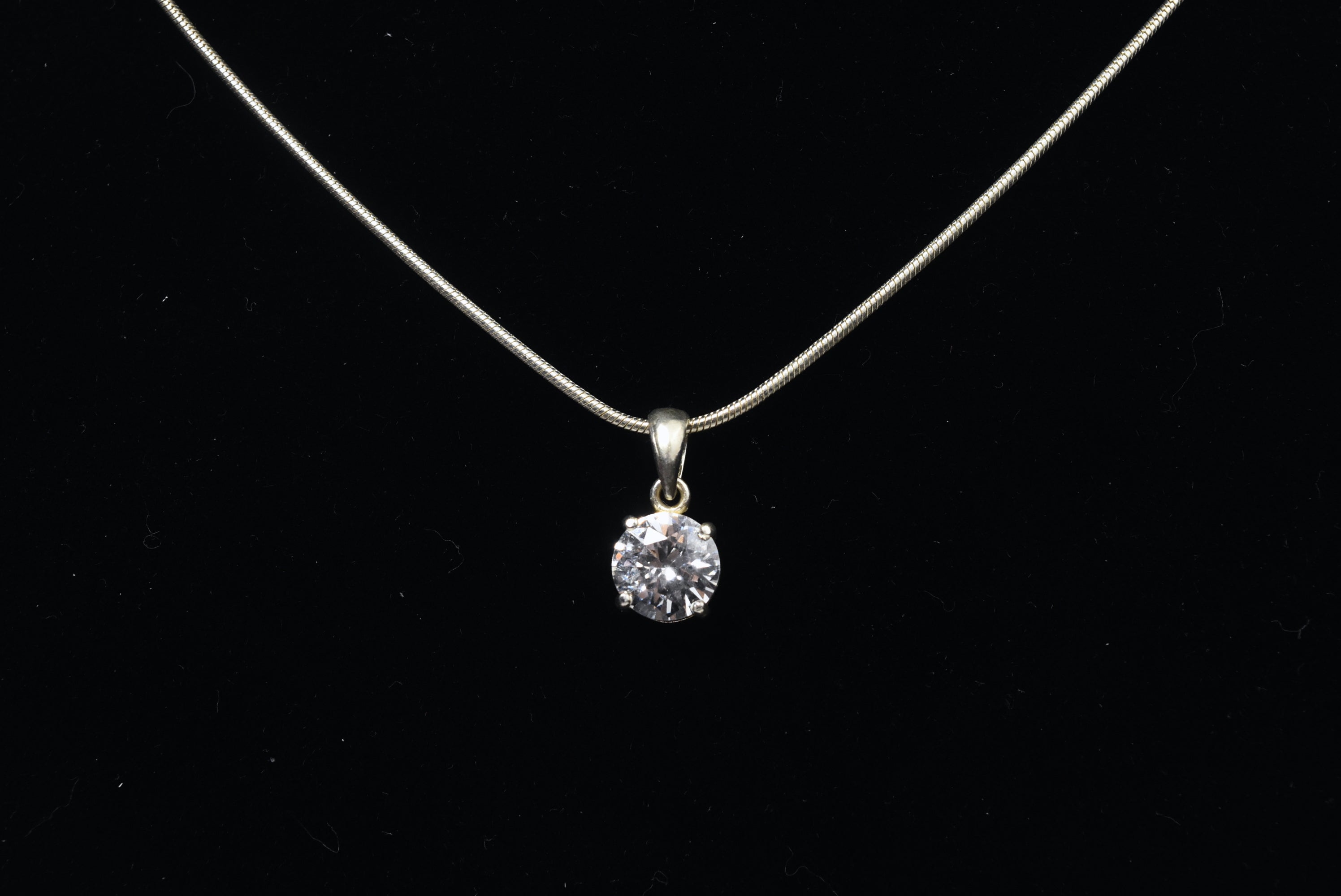 Round Cut Clear Stone in Silver Pendant on Silver Chain Necklace - 16"+