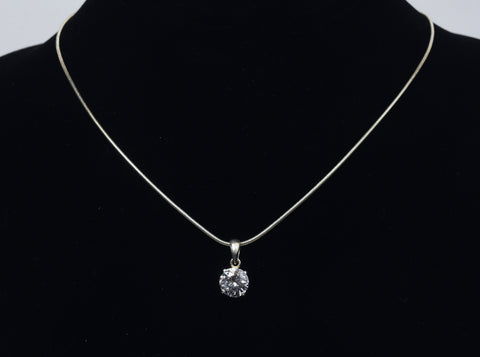 Round Cut Clear Stone in Silver Pendant on Silver Chain Necklace - 16"+