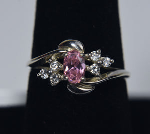 Avon - Sterling Silver Pink Fluorescent Glass Bypass Ring - Size 8