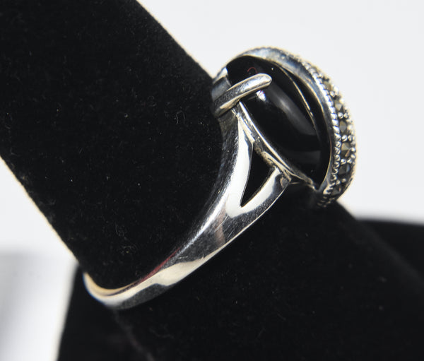 Avon - Black Onyx Sterling Silver Marcasite Ring - Size 8