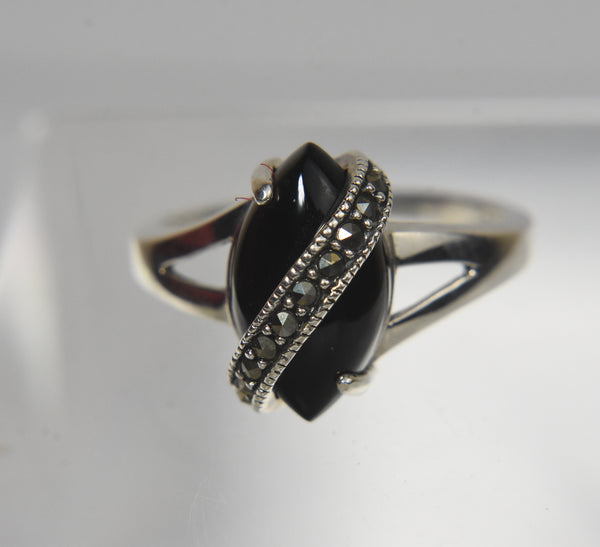 Avon - Black Onyx Sterling Silver Marcasite Ring - Size 8